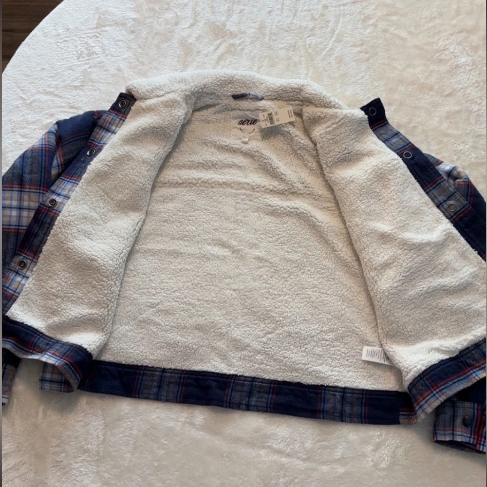 New, Aerie Cropped Plaid Sherpa Jacket - Picture 10 of 16